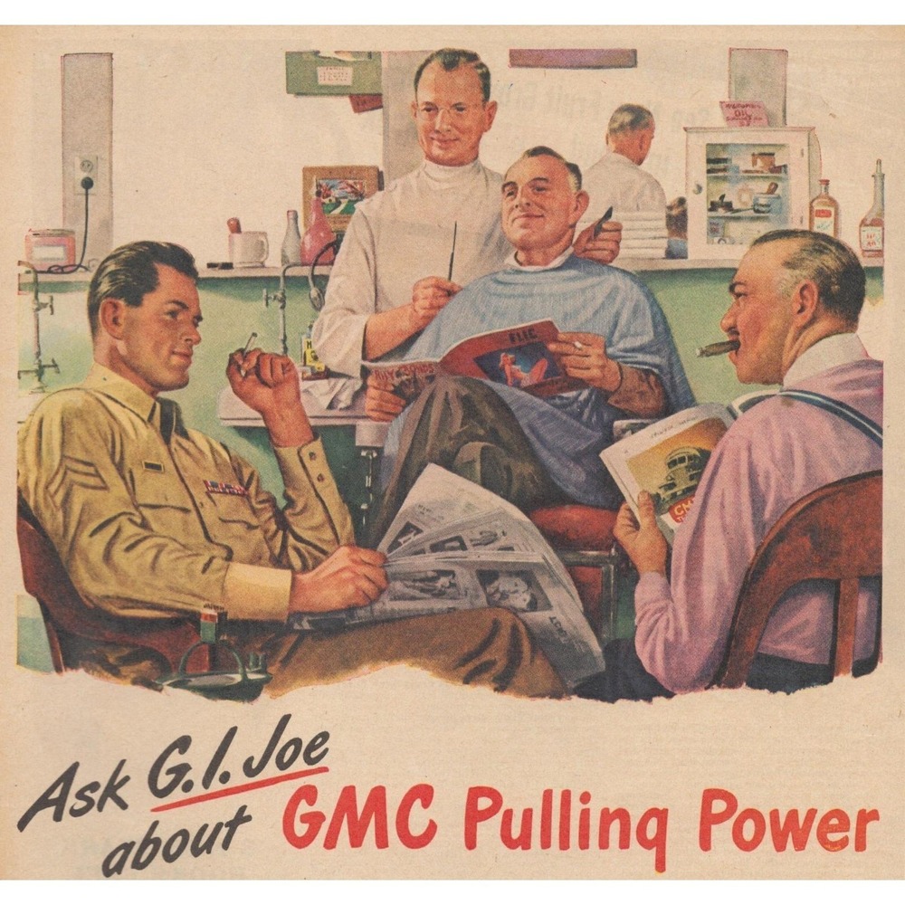 Vintage 1946 GMC Trucks Post War G.I.  Barbershop Wartime Durability Print Ad
